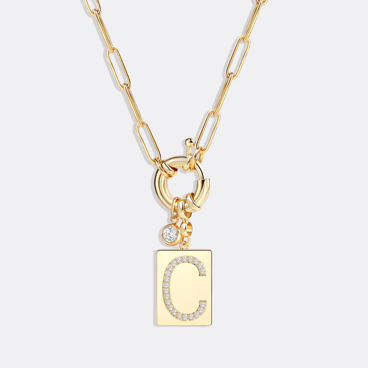 Pave Initial Pendant Necklace with Paperclip Chain - Image 10