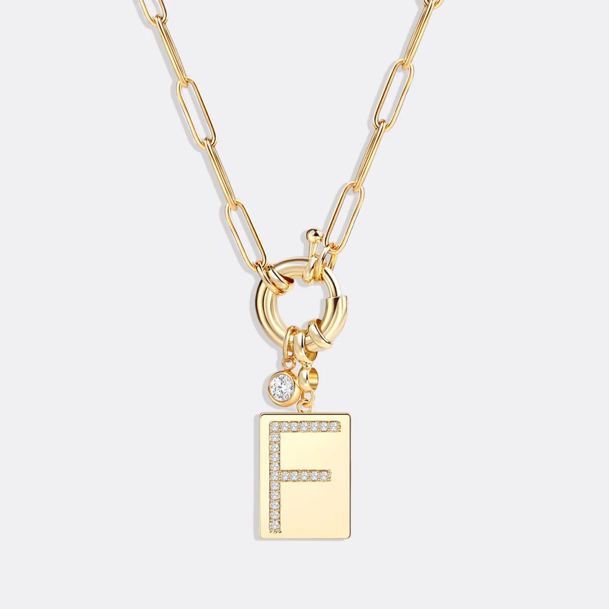 Pave Initial Pendant Necklace with Paperclip Chain - Image 13