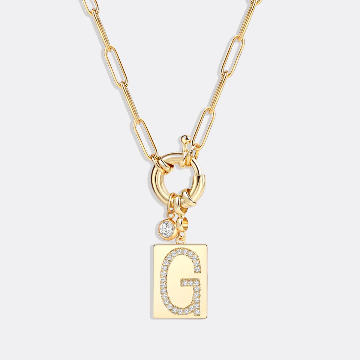 Pave Initial Pendant Necklace with Paperclip Chain - Image 14