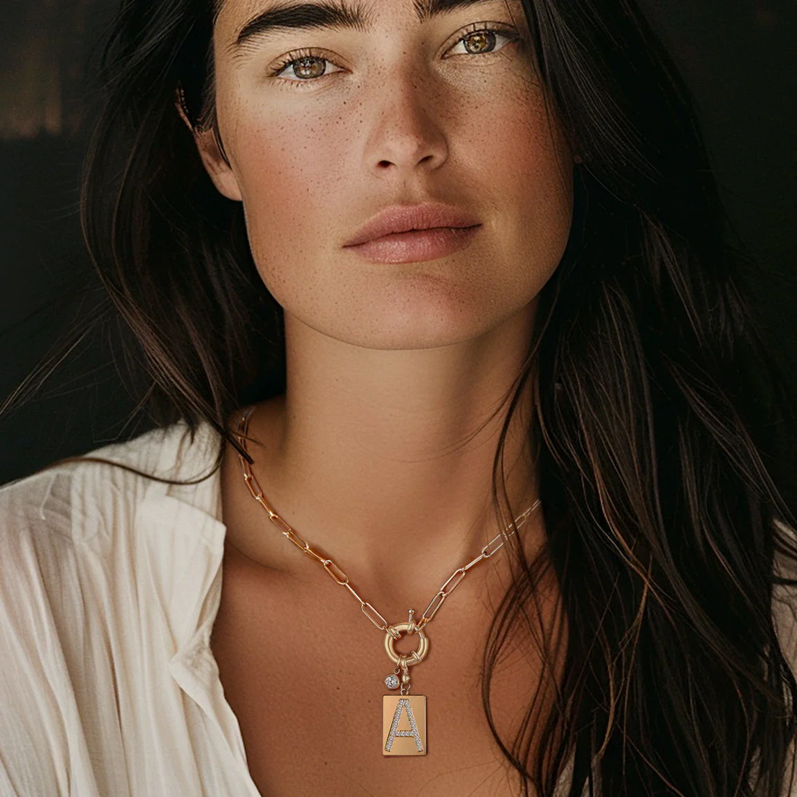 Pave Initial Pendant Necklace with Paperclip Chain - Image 2