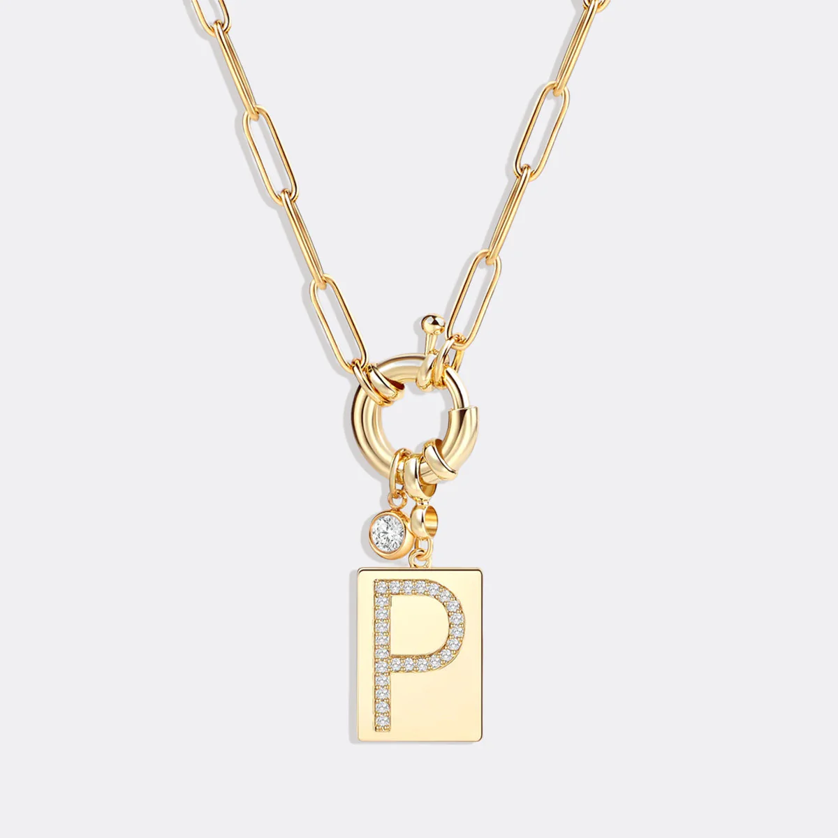Pave Initial Pendant Necklace with Paperclip Chain - Image 23