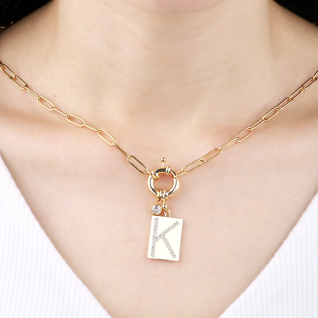 Pave Initial Pendant Necklace with Paperclip Chain - Image 3