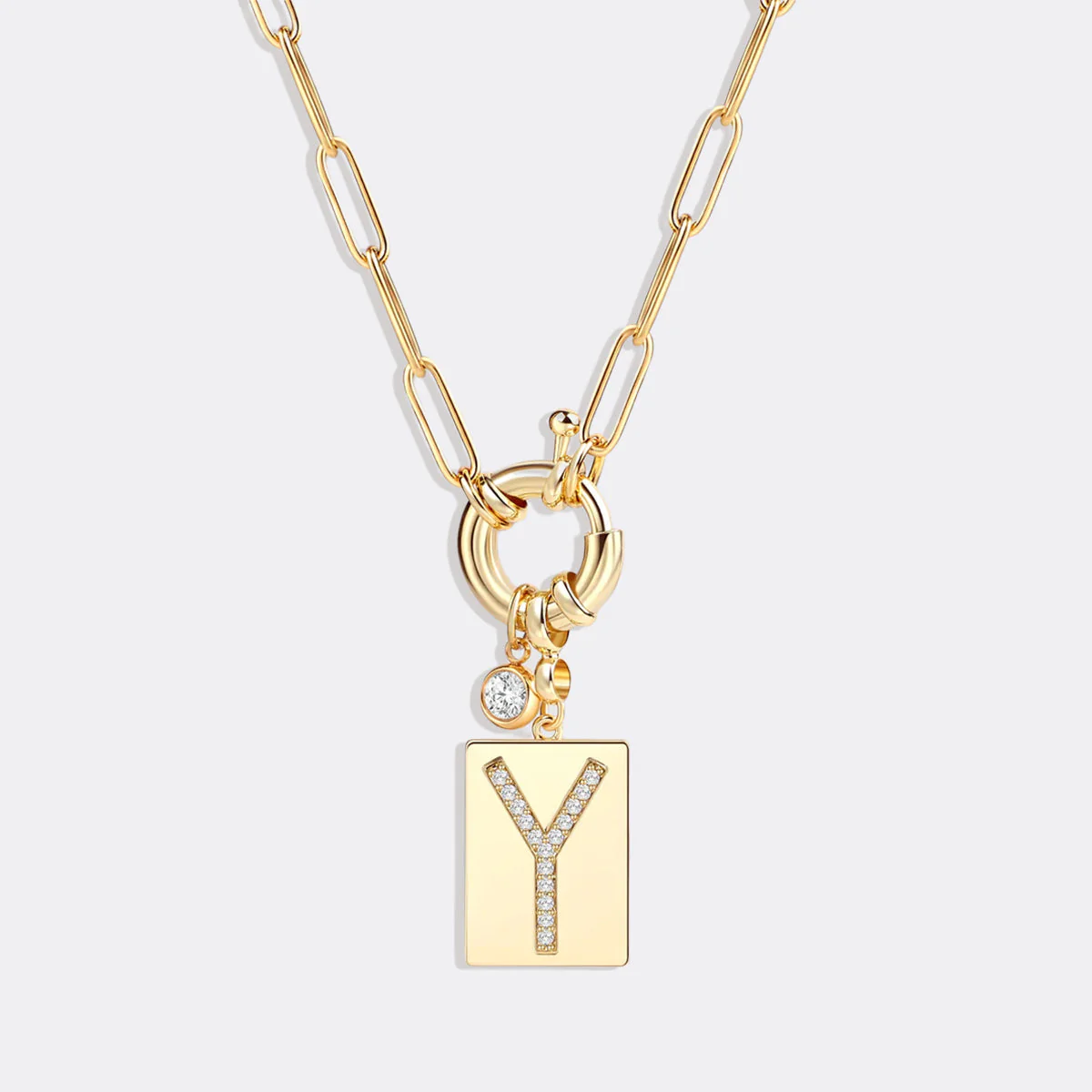 Pave Initial Pendant Necklace with Paperclip Chain - Image 32