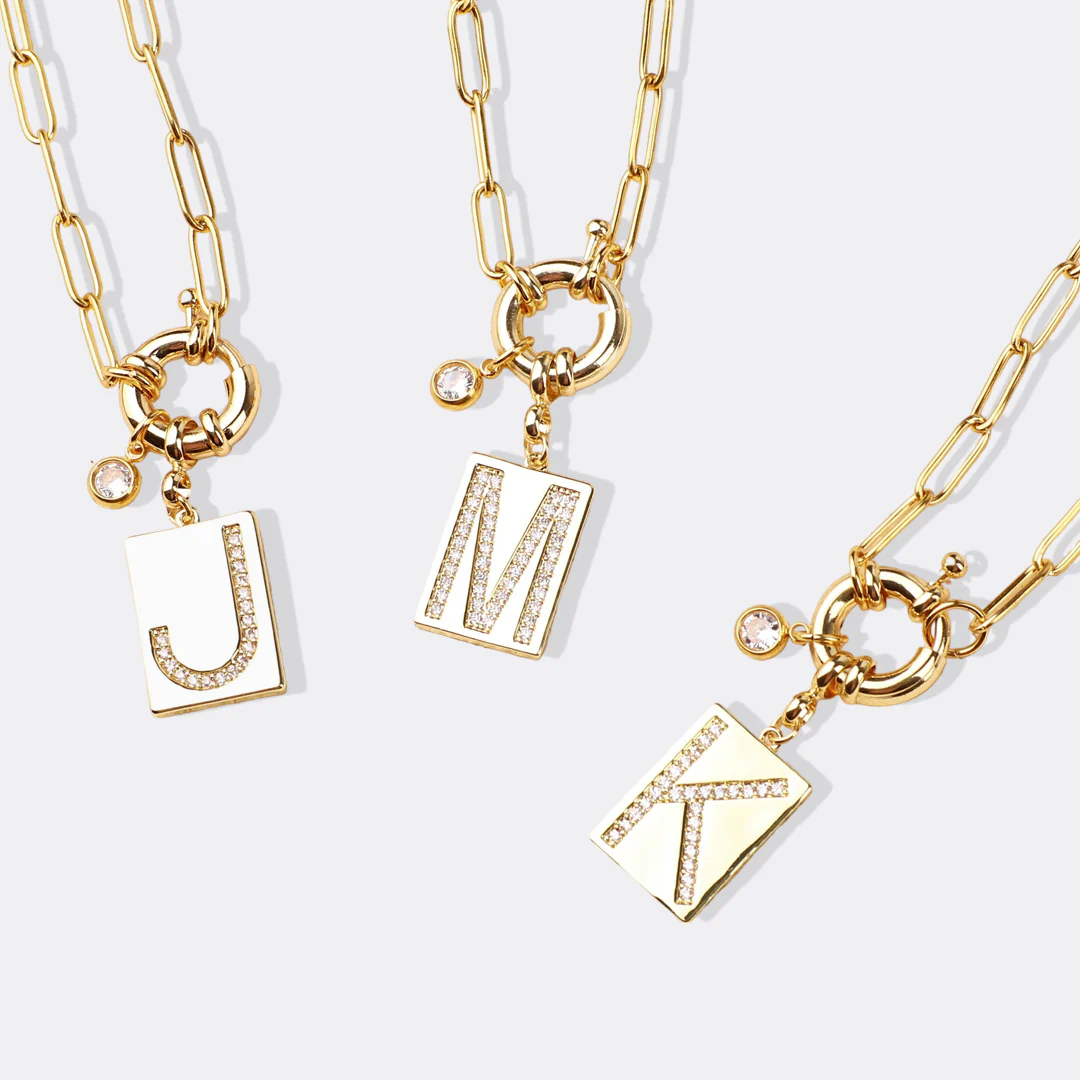 Pave Initial Pendant Necklace with Paperclip Chain - Image 6