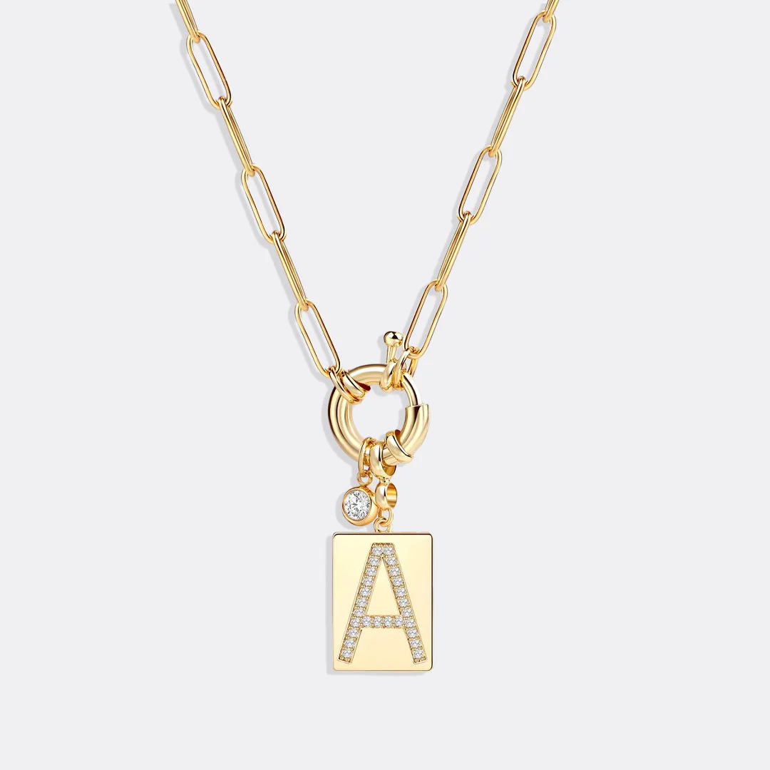 Pave Initial Pendant Necklace with Paperclip Chain - Image 8