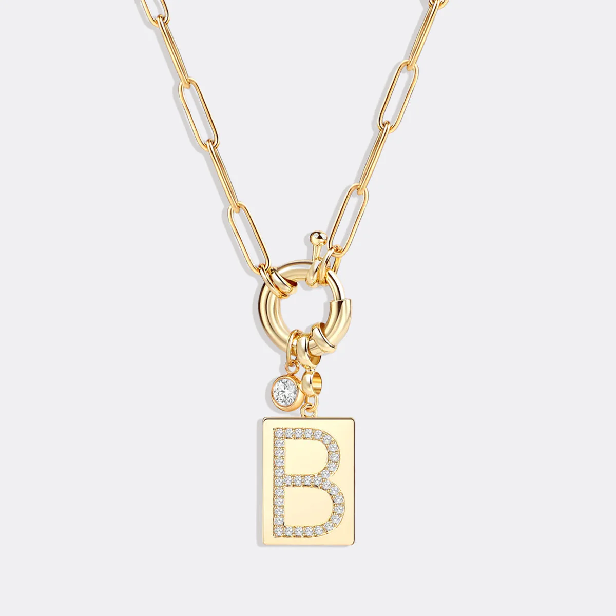 Pave Initial Pendant Necklace with Paperclip Chain - Image 9